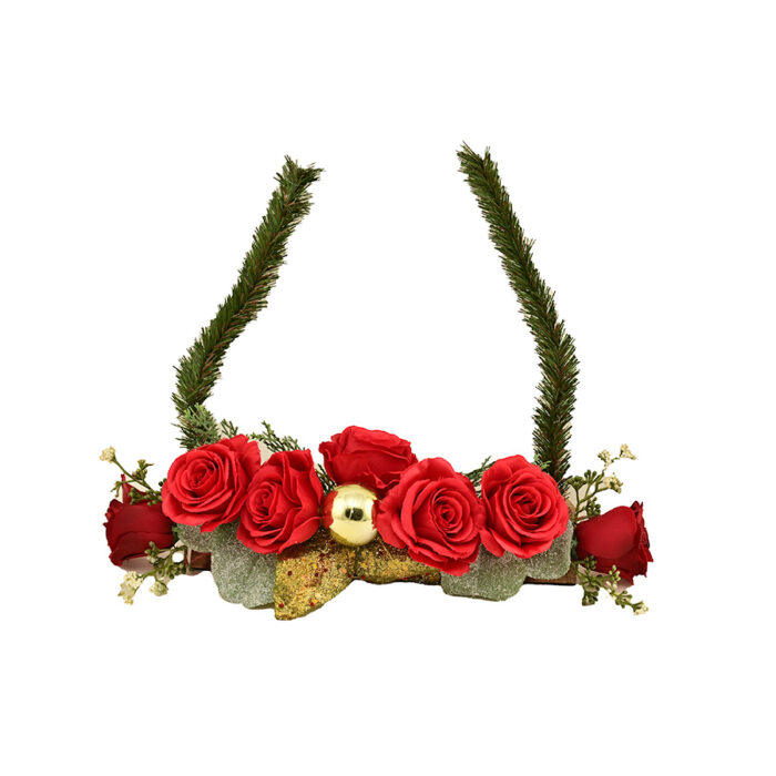 Composition de fleurs artificielles roses pin noël  droit